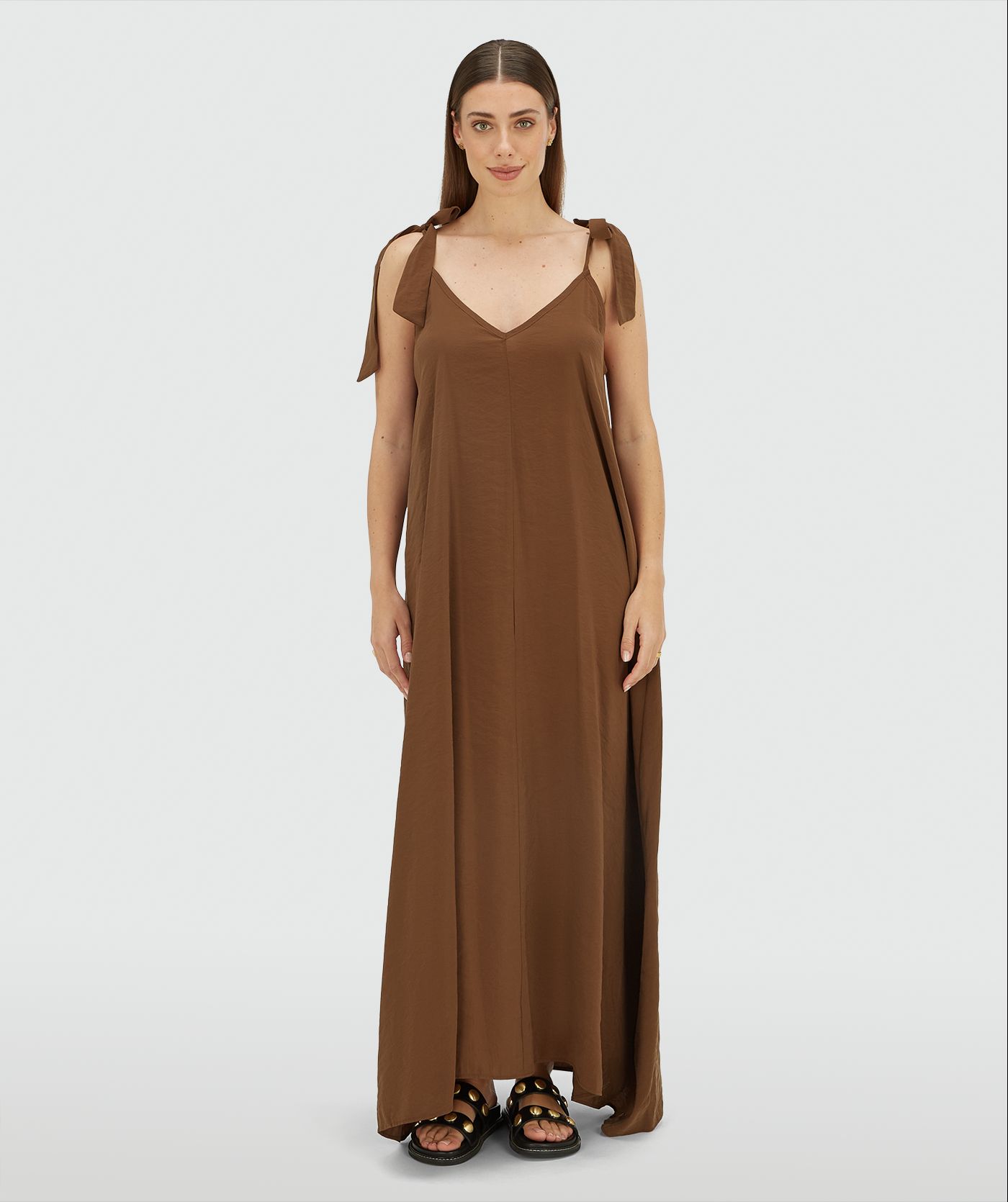 JV-CLARA maxi jurk met striksluiting - brown