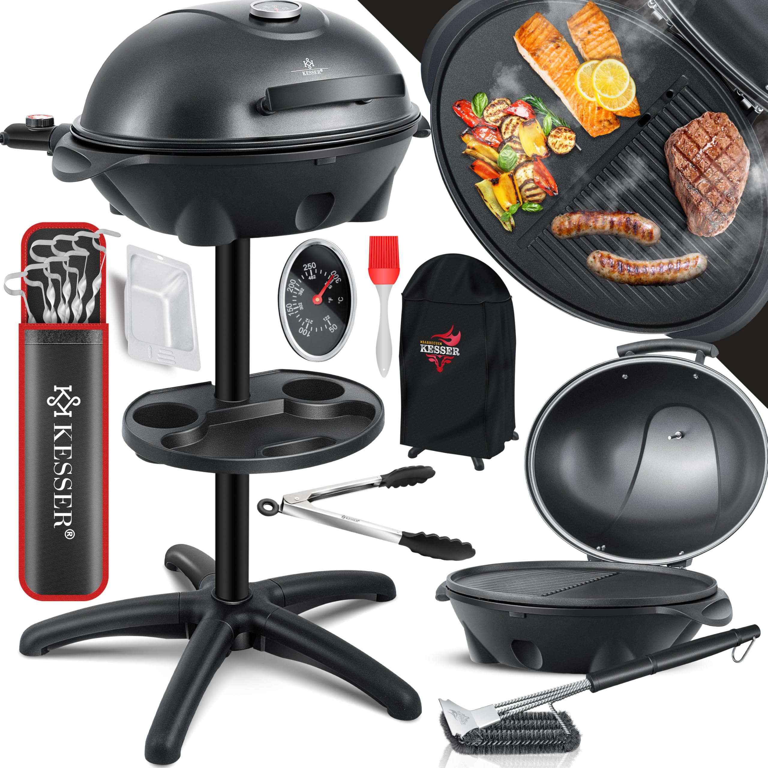 KESSER® Barbecue électrique 2 en 1, sur pied avec couvercle, Thermomètre maximum 2400 W, Revêtement antiadhésif, Plaque de cuisson XXL, Surface de rangement intégrée, Barbecue colonne électrique