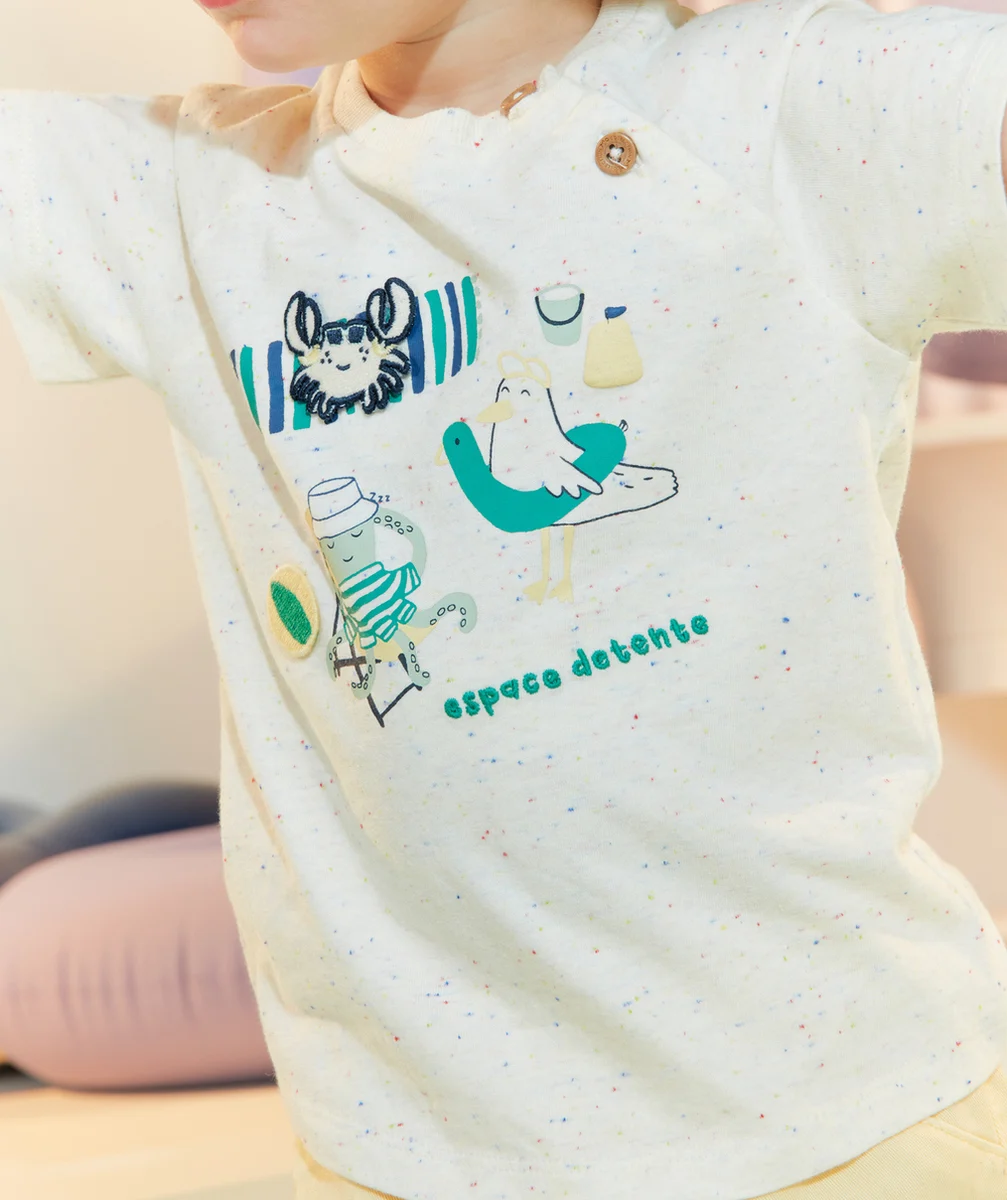 T-SHIRT BÉBÉ GARÇON ÉCRU THÈME PLAGE AVEC PATCH