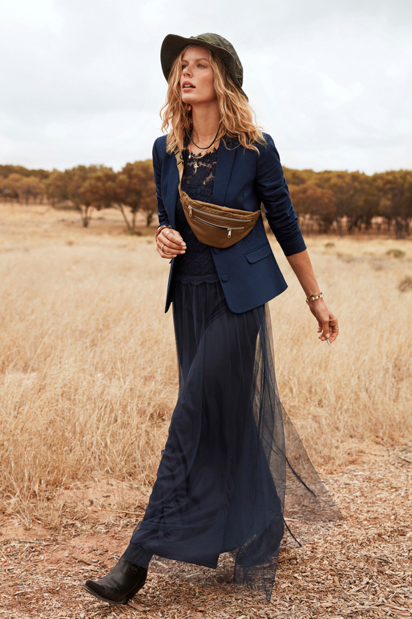 Vestido longo com saia de tule - Azul