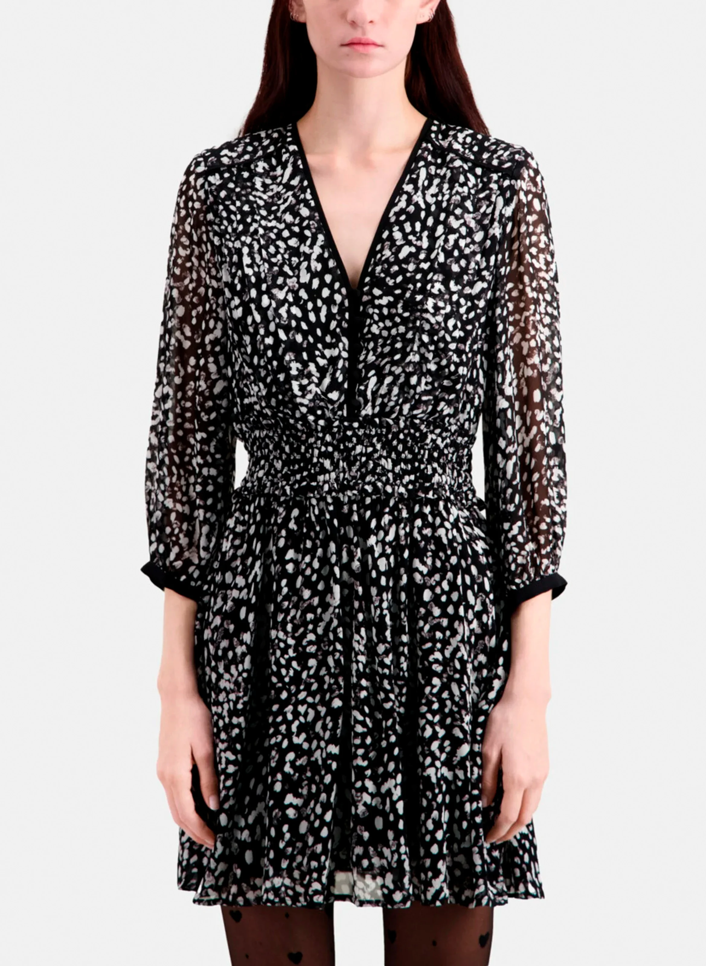Robe courte col V imprimée| Noir