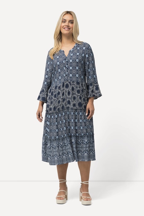 Stufenkleid, A-Linie, Tunika-Ausschnitt, 3/4-Arm