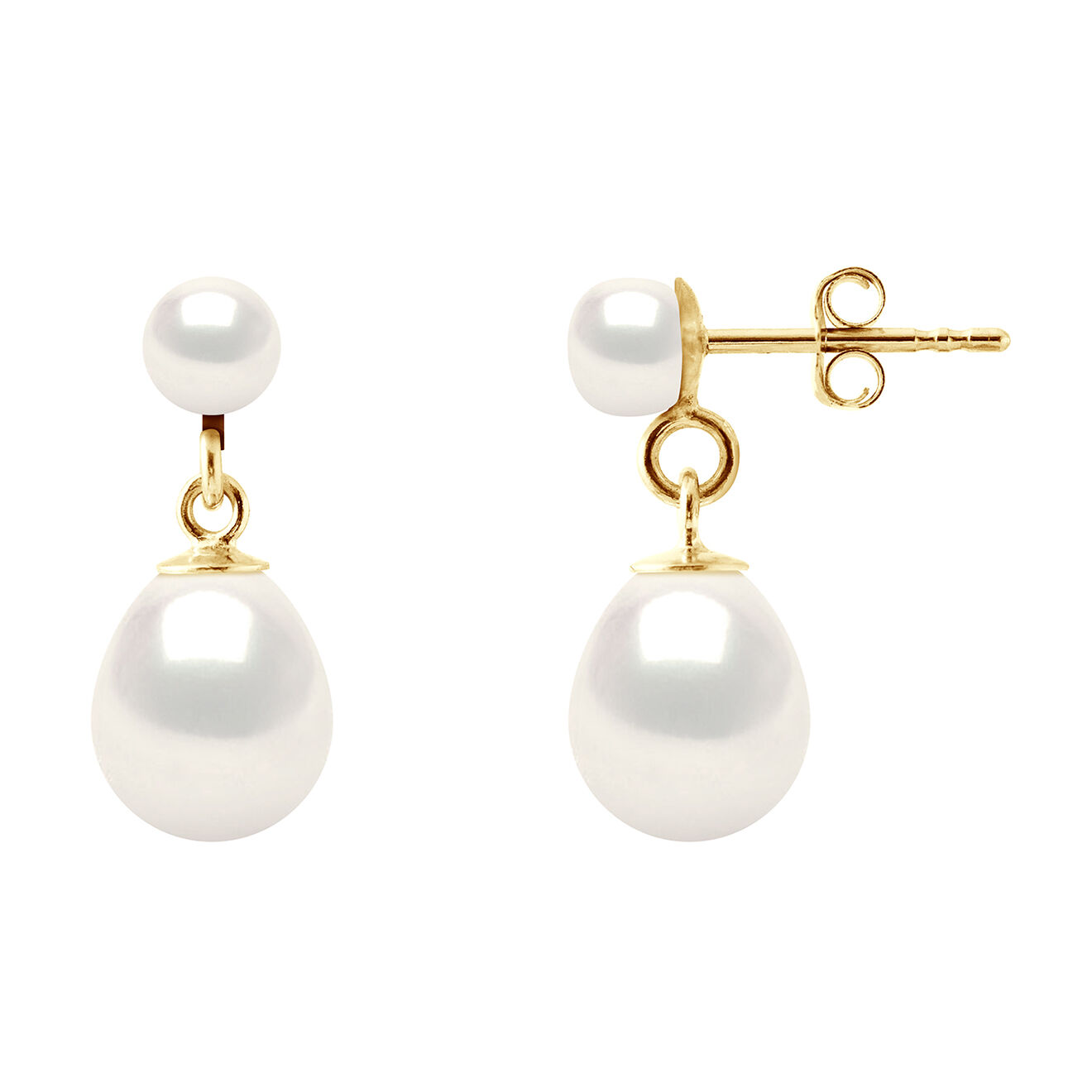 Pearl Addict Boucles d'oreilles Double Or Jaune & Perles d'Eau Douce blanc naturel