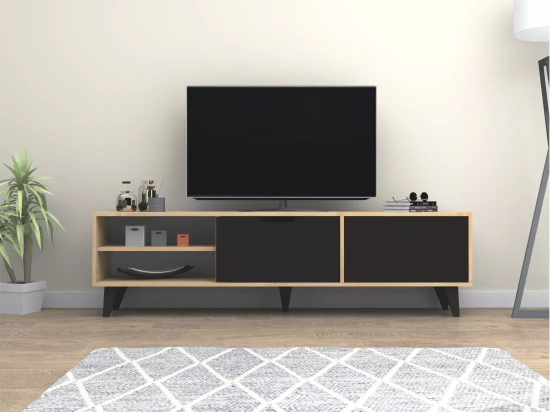 Meuble TV avec 2 portes et 2 niches - Noir et Naturel - CORENIA