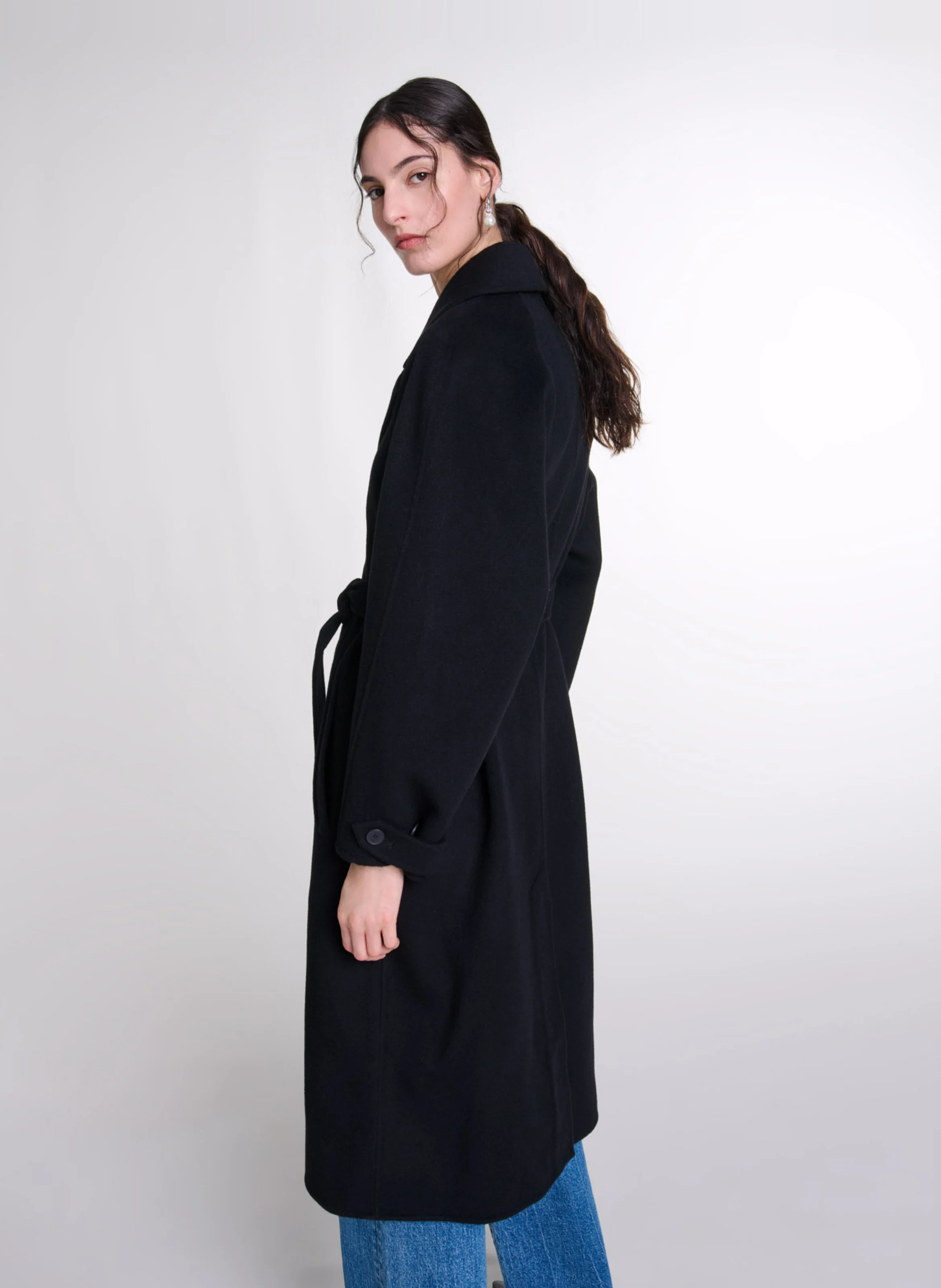 Manteau mi-long double face en laine mélangée | Noir