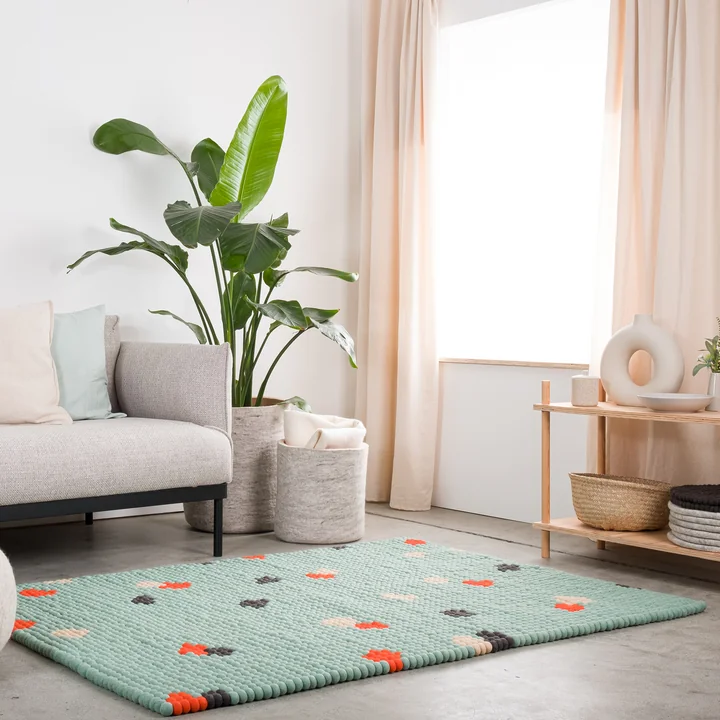 myfelt - Terra Ocean Filzkugelteppich, 120 x 170 cm, türkis / rot / beige / grau