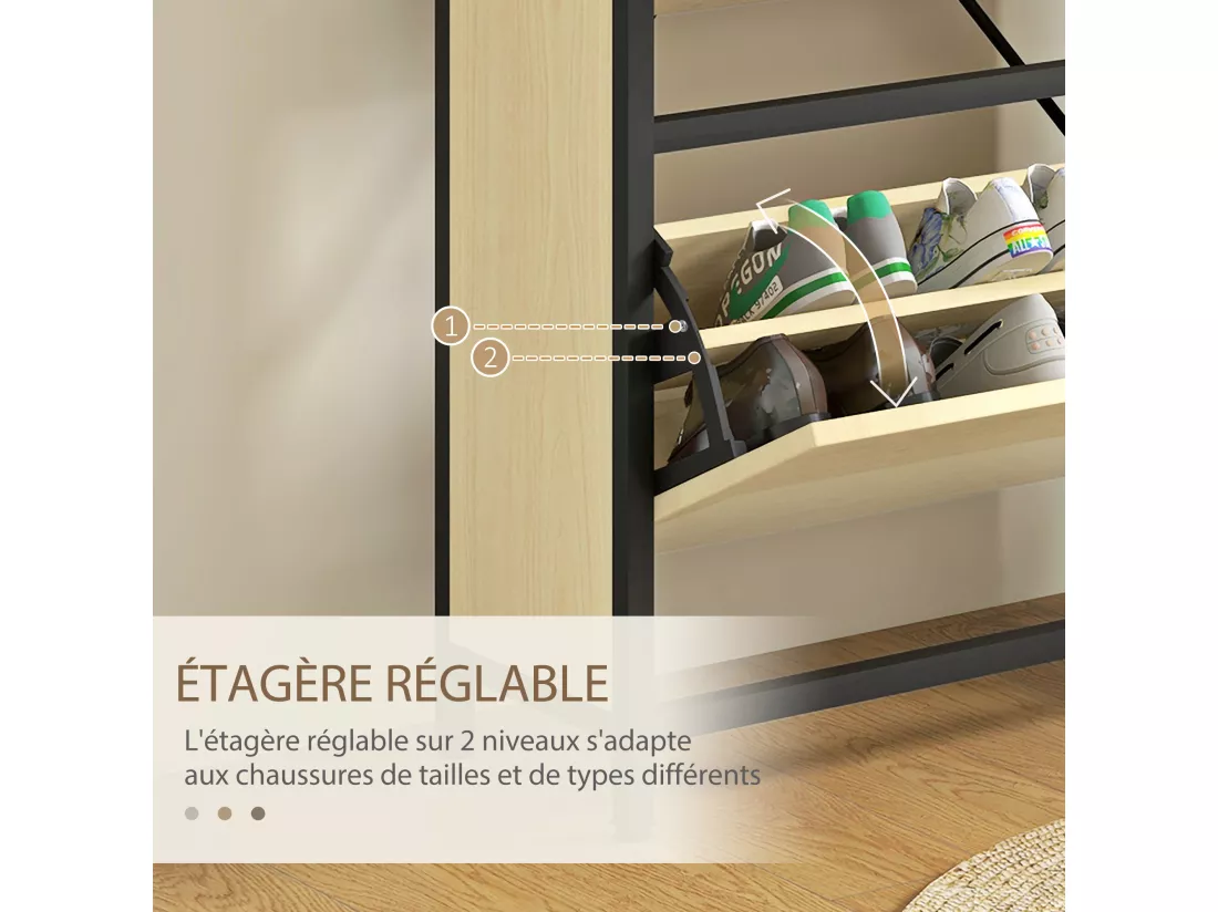 Meuble à chaussures 3 portes abattants - étagères réglables - dim. 60L x 24l x 124H cm - acier noir aspect bois