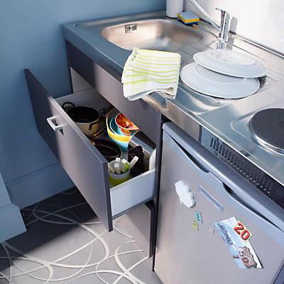 Kitchenette Silver grise, caisson + plan de travail + évier + frigo + plaque électrique