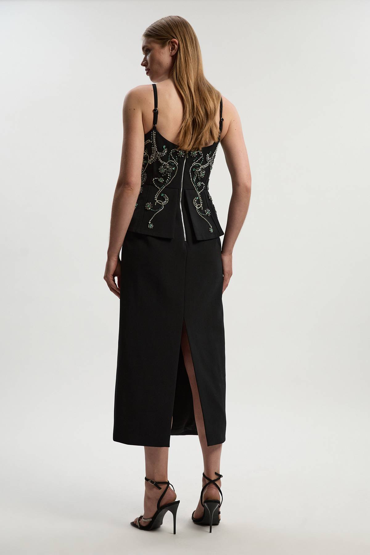KarenMillen Robe Midi Crayon Bandeau à Basque Ornée de Cristaux Petite