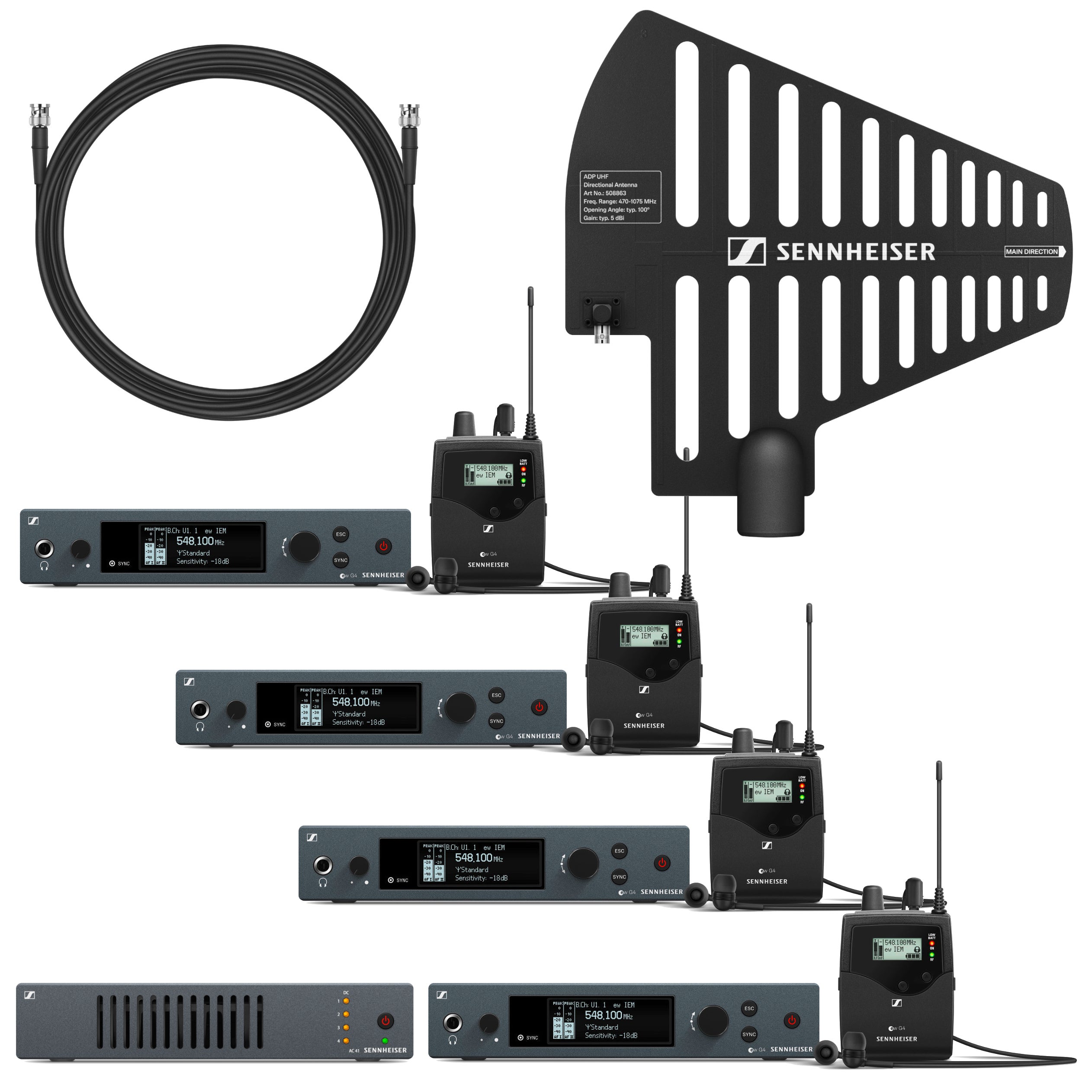 Sennheiser 4 x EW IEM G4-A + AC 41-EU draadloze in-ear set + combiner en kabels (516-558 MHz)