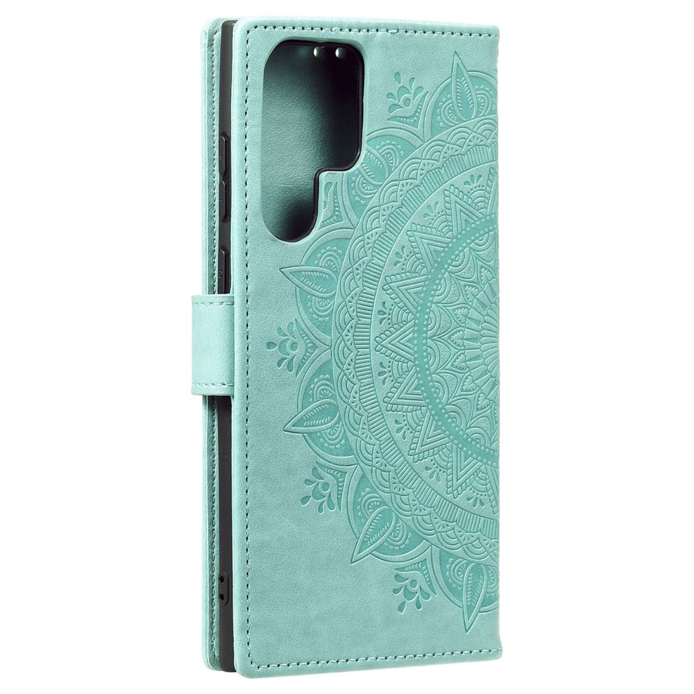 Samsung Galaxy S24 Ultra Leder Tasche Wallet - Mandala Flowers Imprint - Türkis