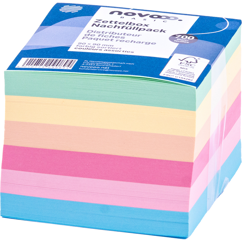 novooo Ersatzzettel für Zettelbox Basic, 9 x 9 cm, farbig assortiert