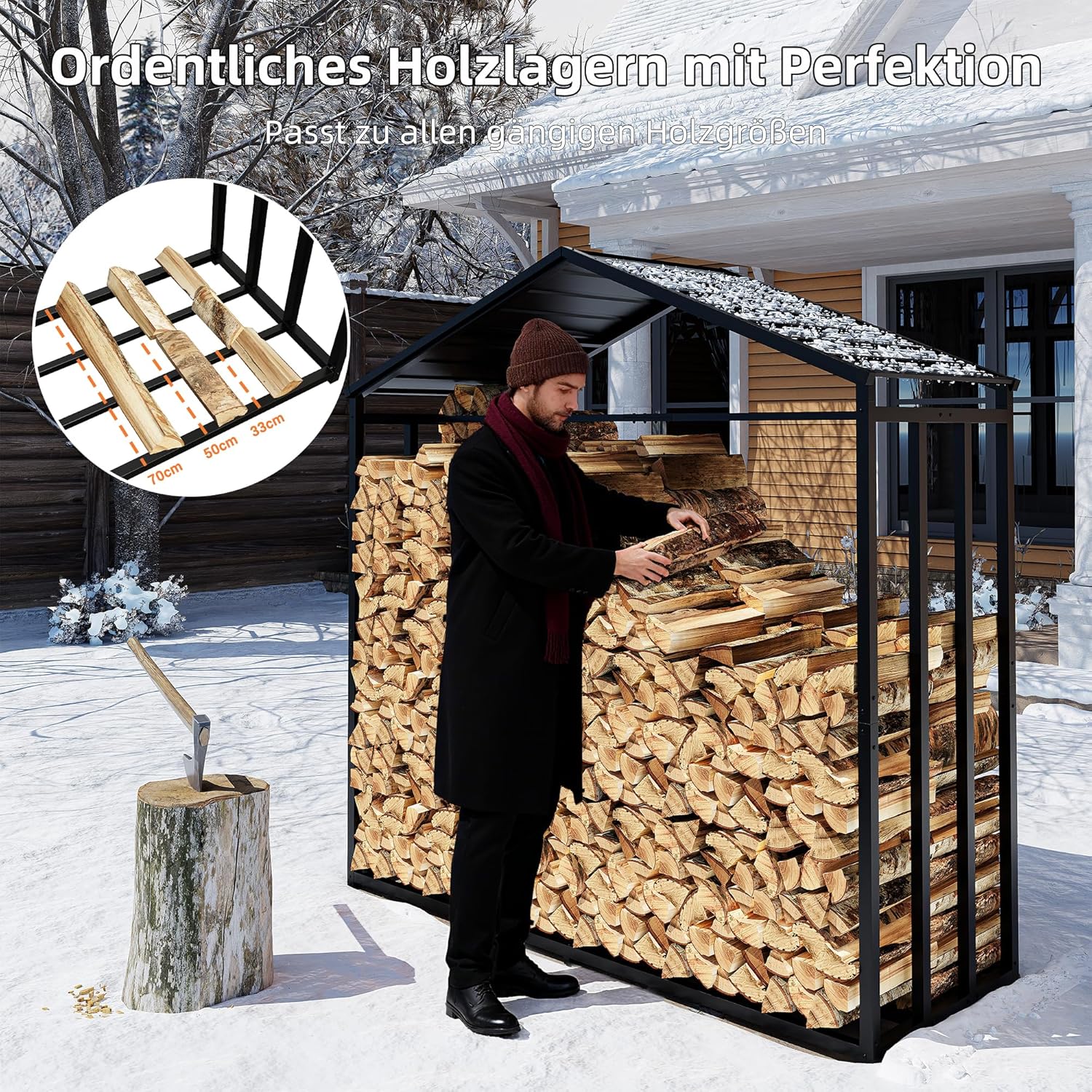 Amopatio Kaminholzregal aussen XXL – 187x70x190cm, Brennholzregal außen mit Abdeckung 3,3 SRM / 2,3m³, Metall Holzstapelhilfe, Stahlrahmen & Metalldach, Garten Holzlager, Holzunterstand, Anthrazit