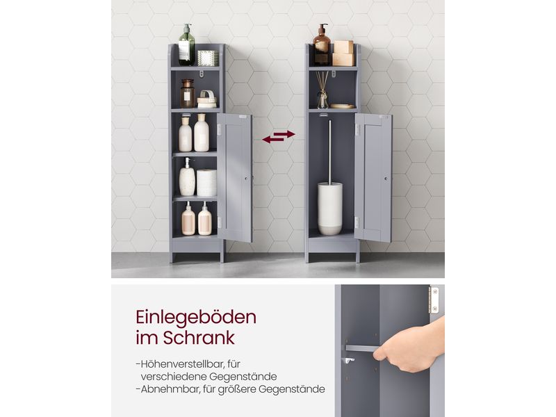 VASAGLE Badezimmer-Schrank 18 x 80 cm, Grau Schmaler Schrank für das Badezimmer mit Tür und 2 Ablagen