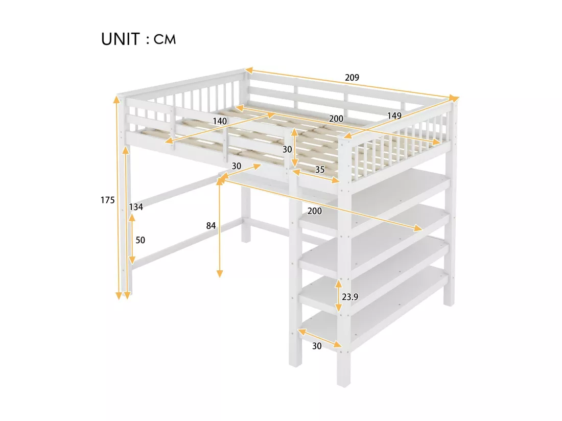 Lit mezzanine 140x200cm en bois - avec bureau et étagère de rangement - Blanc