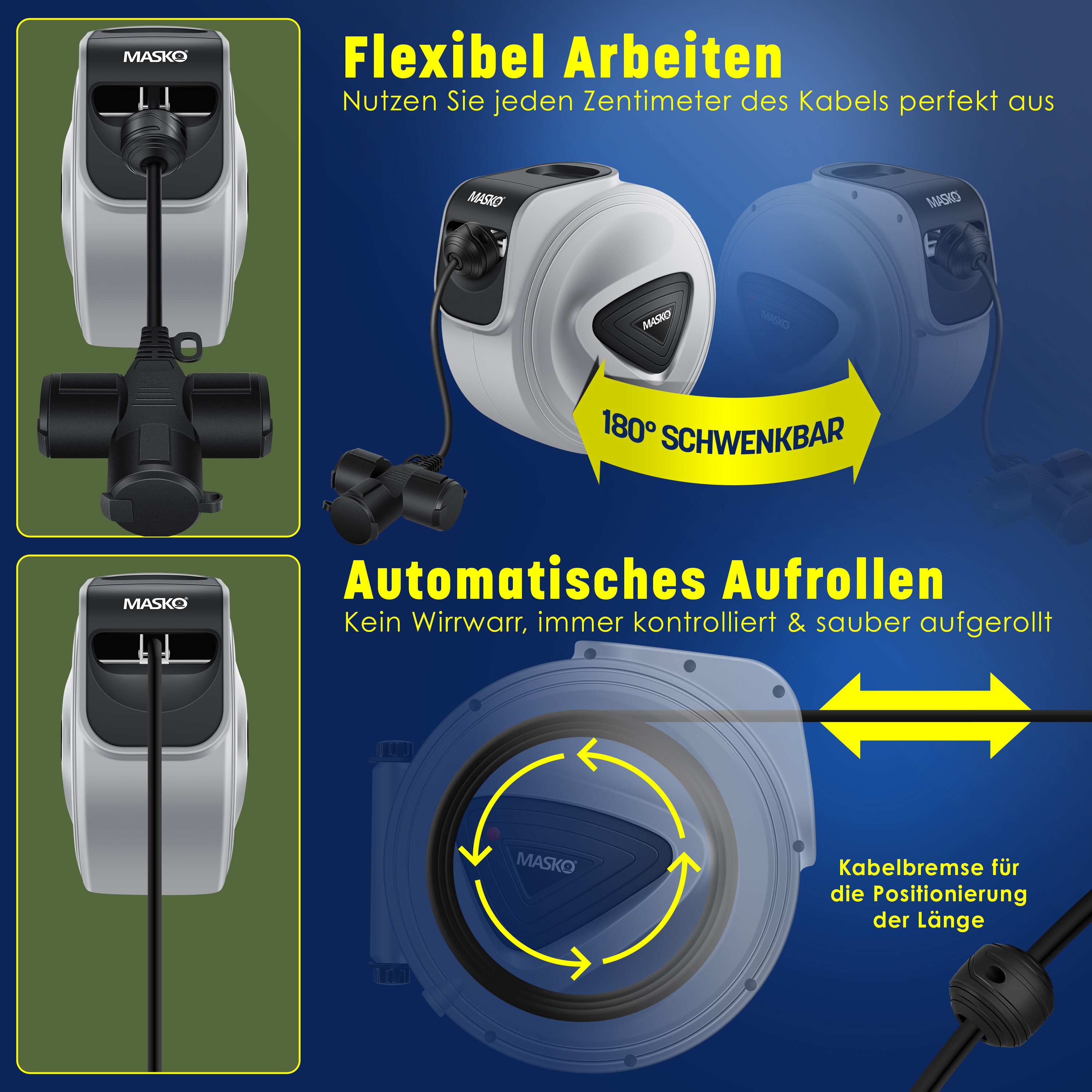 MASKO® Automatik Kabeltrommel Verlängerungskabel mit 3-Fach Anschluss 180° drehbar 1,5m Zuleitung Wandhalterung Werkstatt Kabelaufroller Automatisch Stromtrommel Schlauchaufroller Inkl. Handschuhe