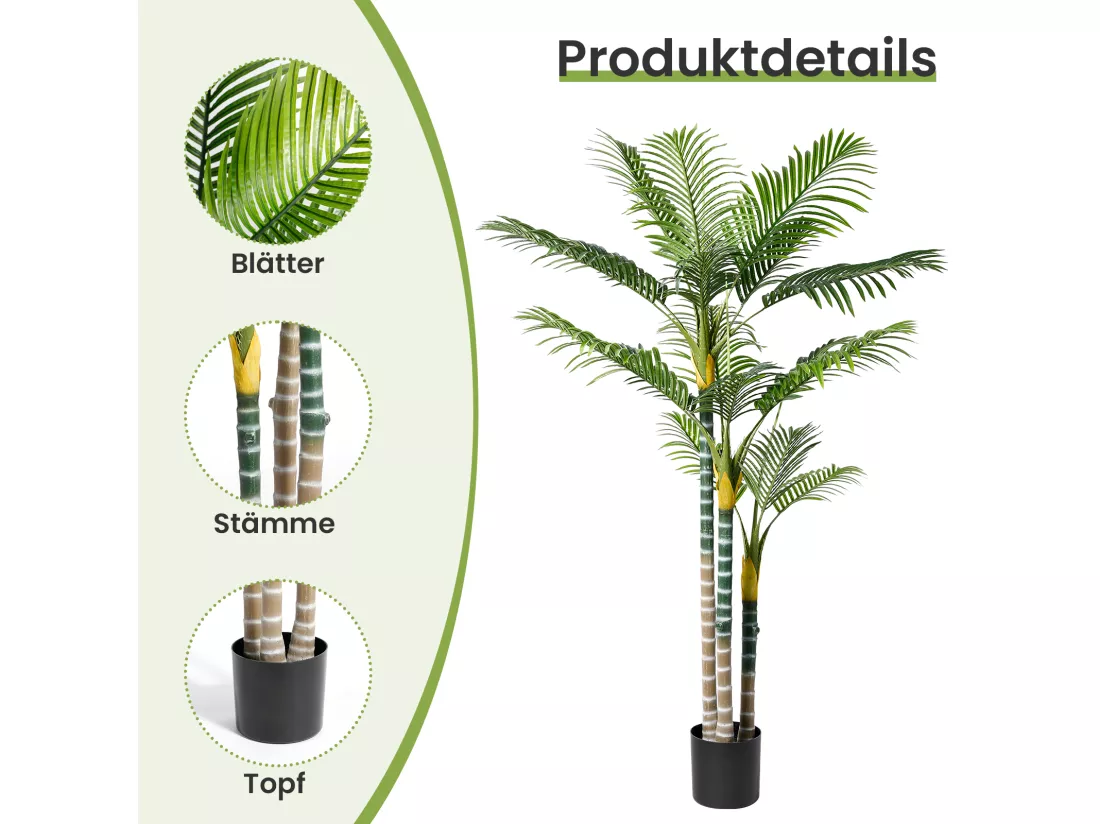 Plante Artificielle Extérieur avec pot, Arbre palmier 180cm, 3 tronc et 18 feuilles, Decoration Salon Chambre Balcon Cour Jardin Bureau