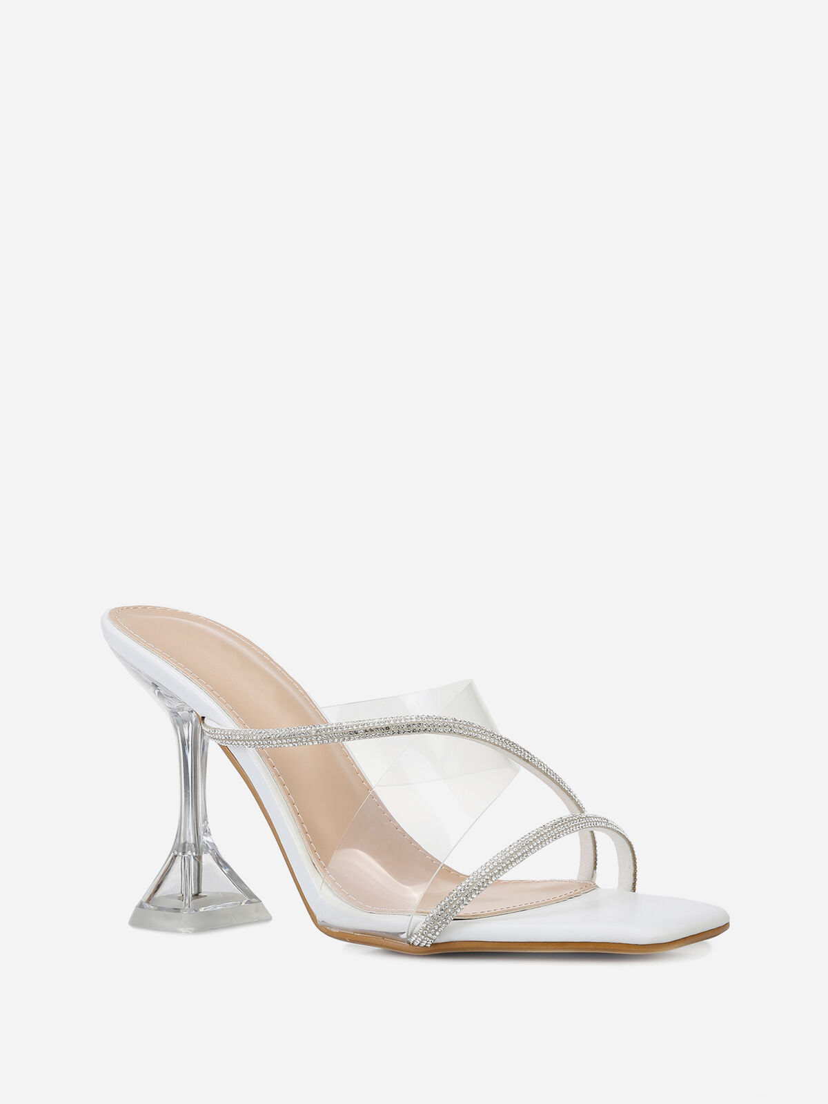 Mules à brides strass et talon transparent- Blanc