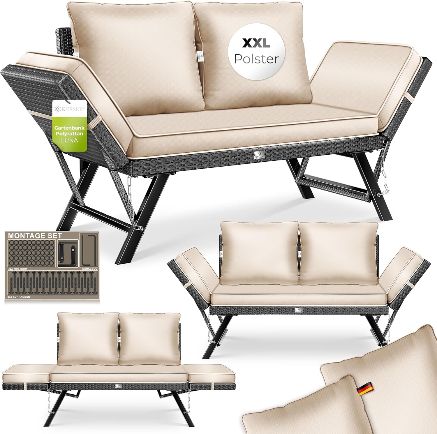 KESSER® Gartenbank Polyrattan Luna mit Liegefunktion Gartensofa 4 in 1 Verstellfunktion Gartencouch Wetterfest Balkonsofa Verstellbare Armlehnen, Extra Dicke & Weiche Polsterung Garten/Balkon/Terrasse