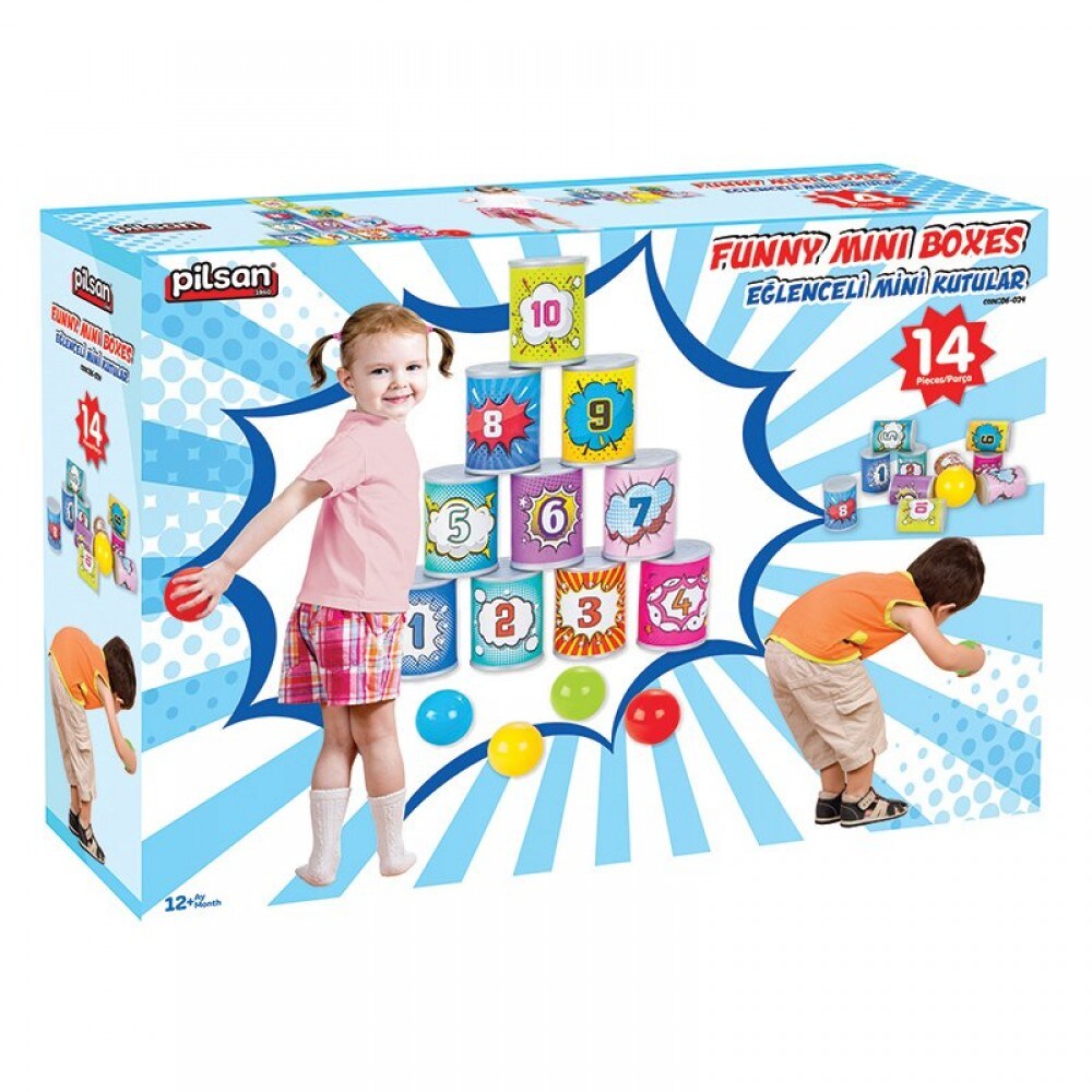 Pilsan Kinderspielzeug Dosenwurfspiel 06034, vier Bälle, zehn Dosen, ab 1 Jahr bunt