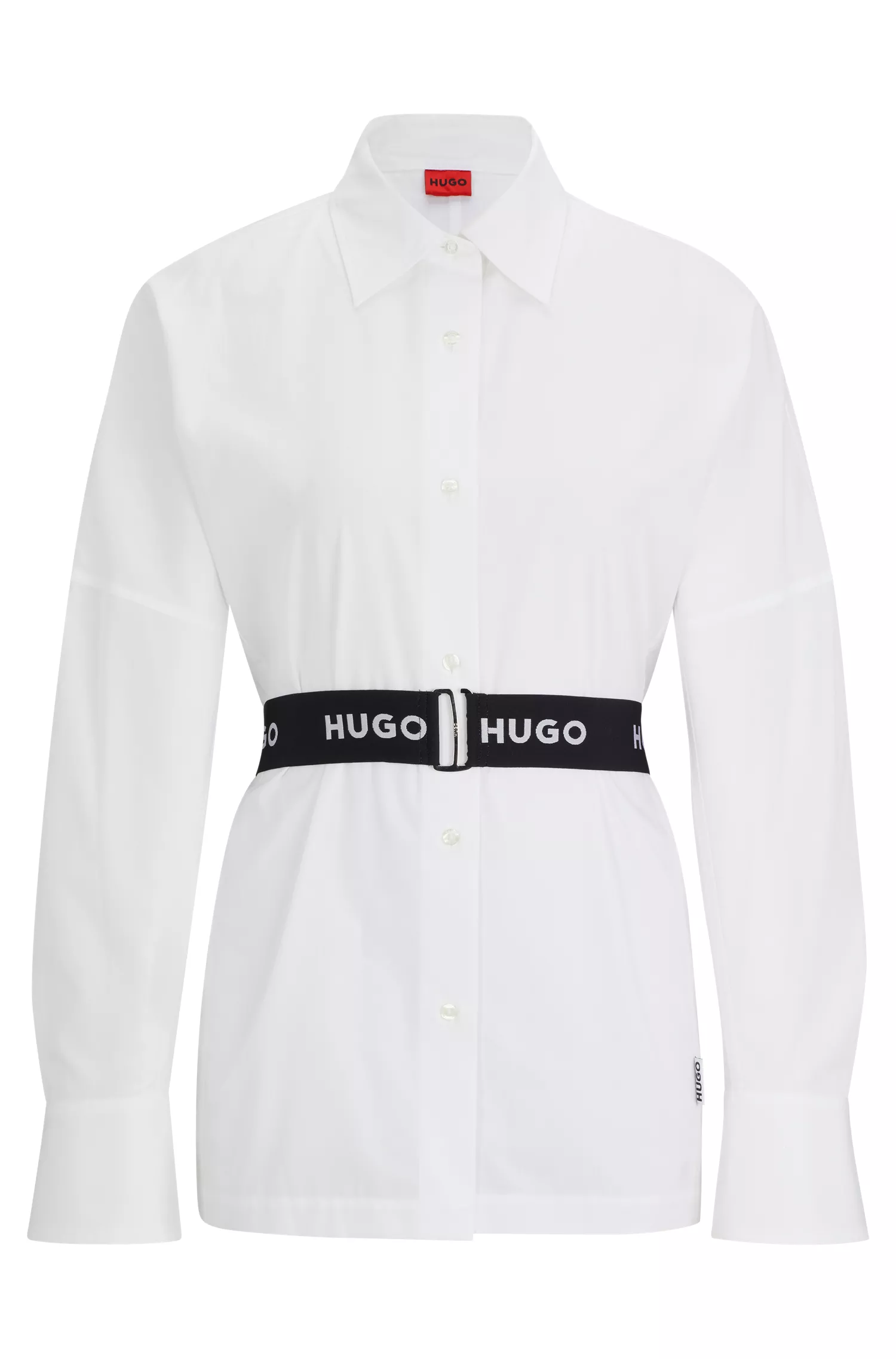 Blusa HUGO vermelha, corte regular, com cinto elástico da marca.