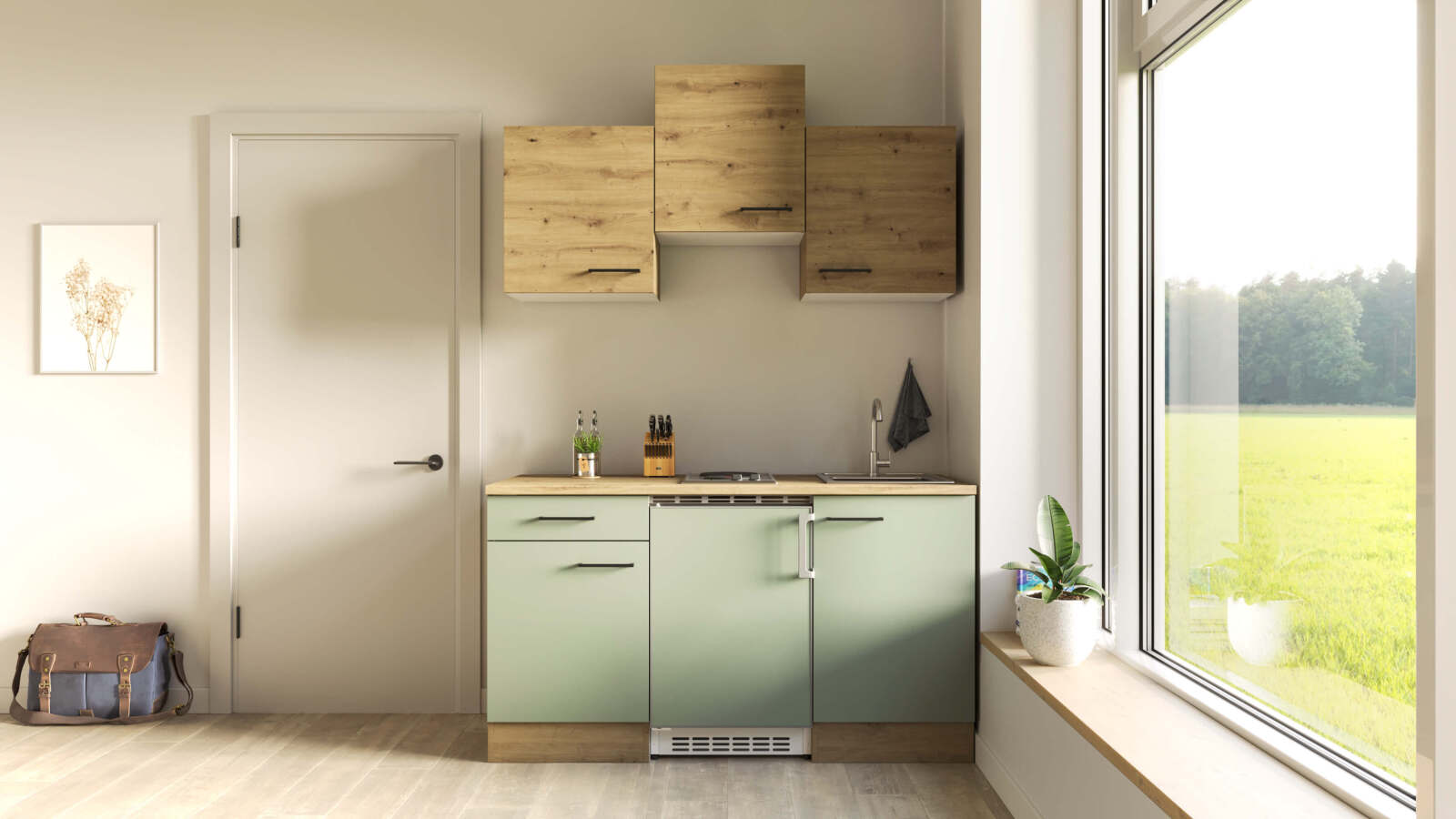 Küchenblock CARA - schilfgrün - Artisan Eiche - mit E-Geräten - 150 cm