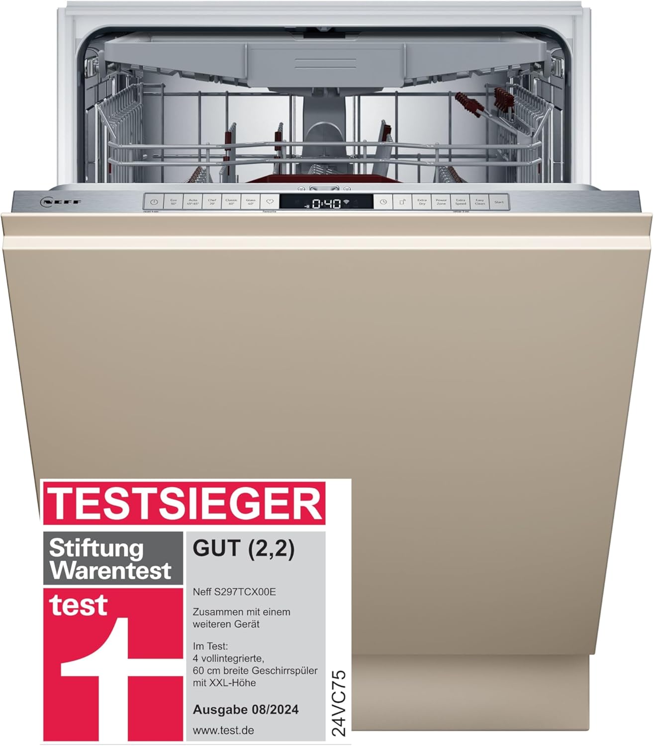 NEFF S297TCX00E, Stiftung Warentest Testsieger*, N 70 XXL-Smarter Geschirrspüler Vollintegriert 60 cm, Made in Germany, Besteckschublade, Zeolith für bessere Trocknung, Smart Start, Sensor Türoffnung