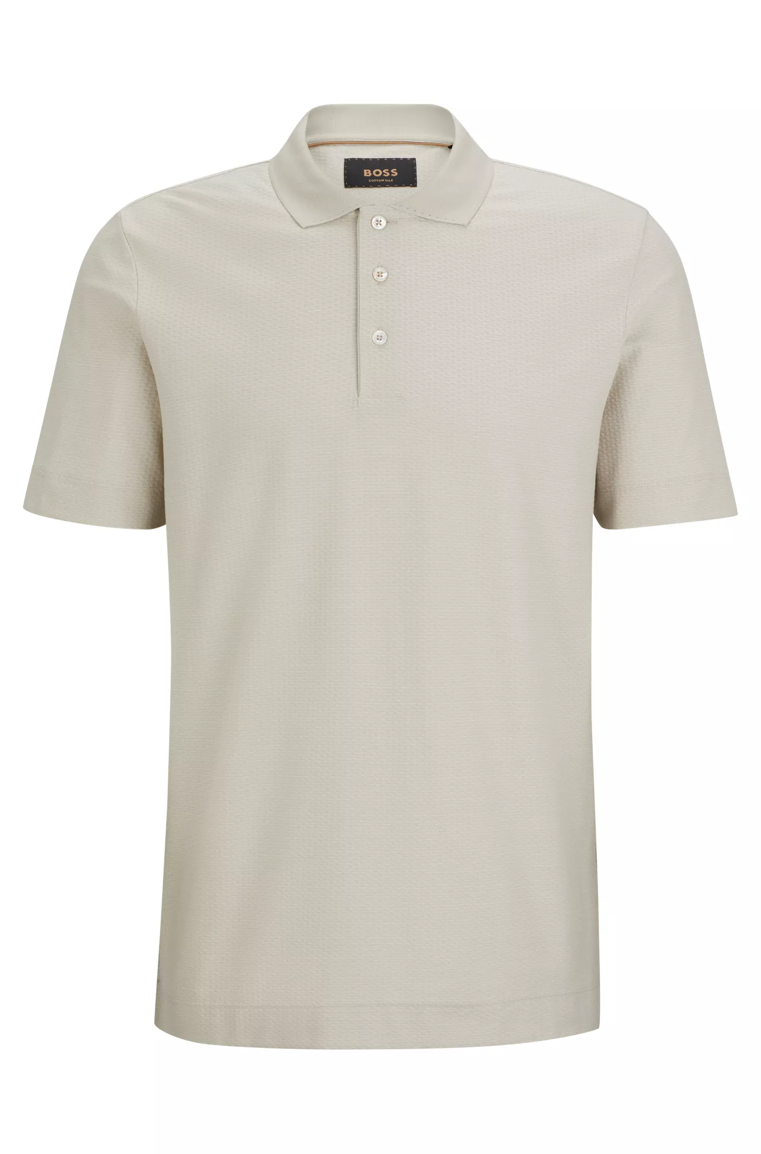 Camisa polo BOSS cor camelo, corte regular, em algodão e seda.