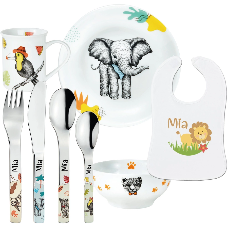 Schnullireich Geschenkset mit Namen Natura: Puresigns Kinderbesteck + Geschirr + Lätzchen Silber