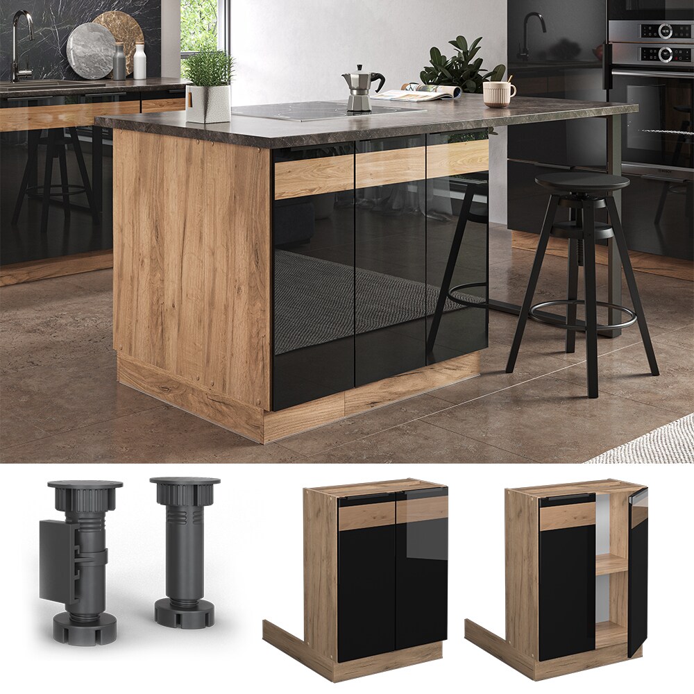 Vicco Regalinselunterschrank Küchenschrank Küchenmöbel Fame-Line Eiche Schwarz 60 cm modern Hochglanz