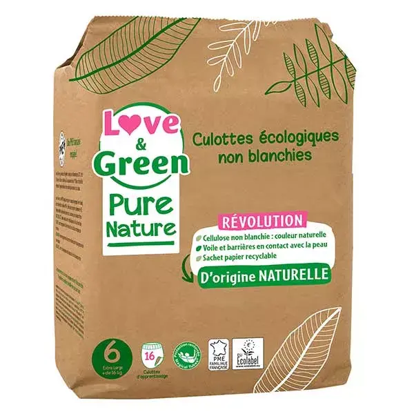 Fraldas-calça ecológicas Love & Green Baby Change Pure Nature, tamanho 6, 16 unidades.