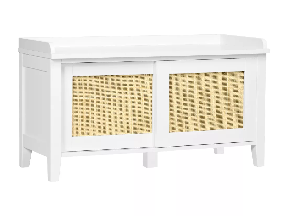 Meuble chaussures banc à chaussures 2 en 1 style bohème chic 2 portes coulissantes - MDF blanc cannage rotin