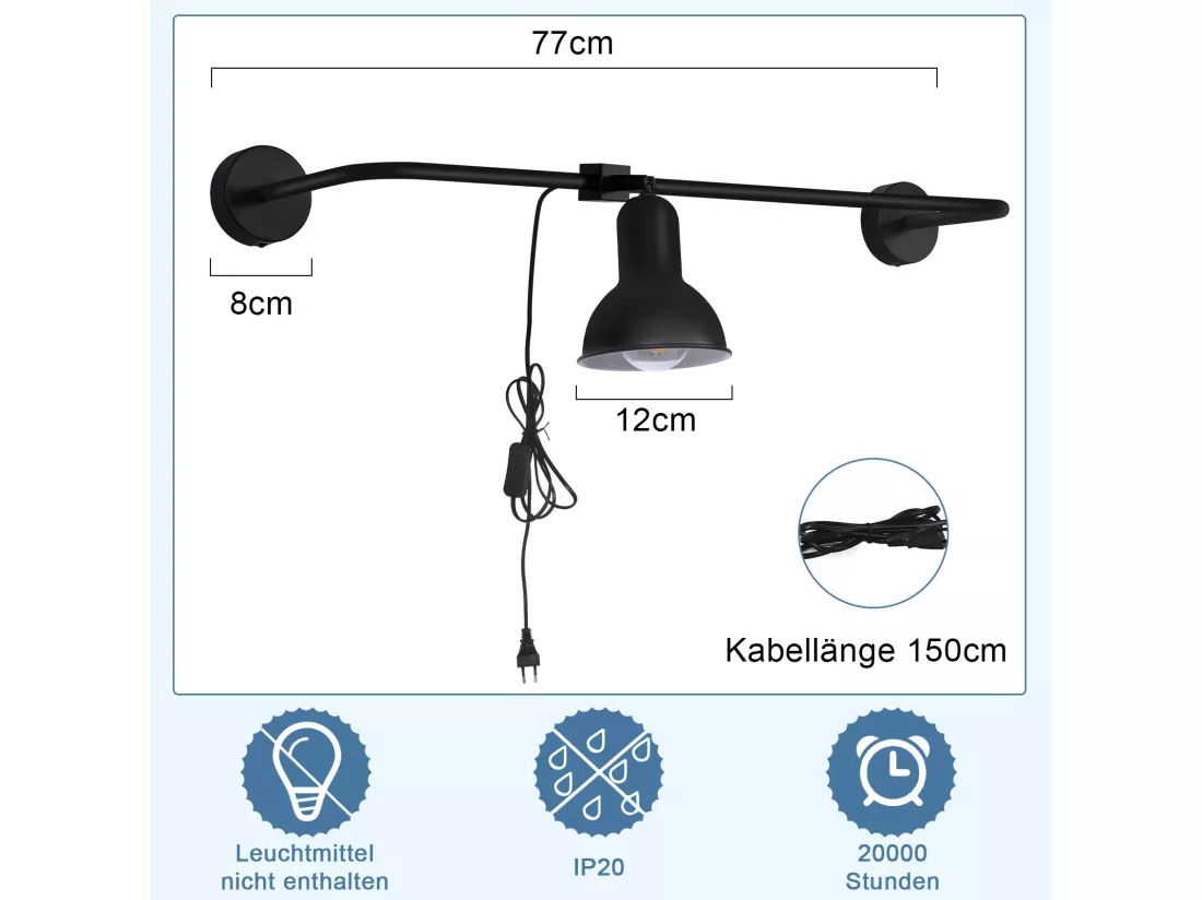 NETTLIFE applique intérieure noire E27 lampe de couloir vintage en métal lampe de cage d'escalier design pivotante indirecte avec