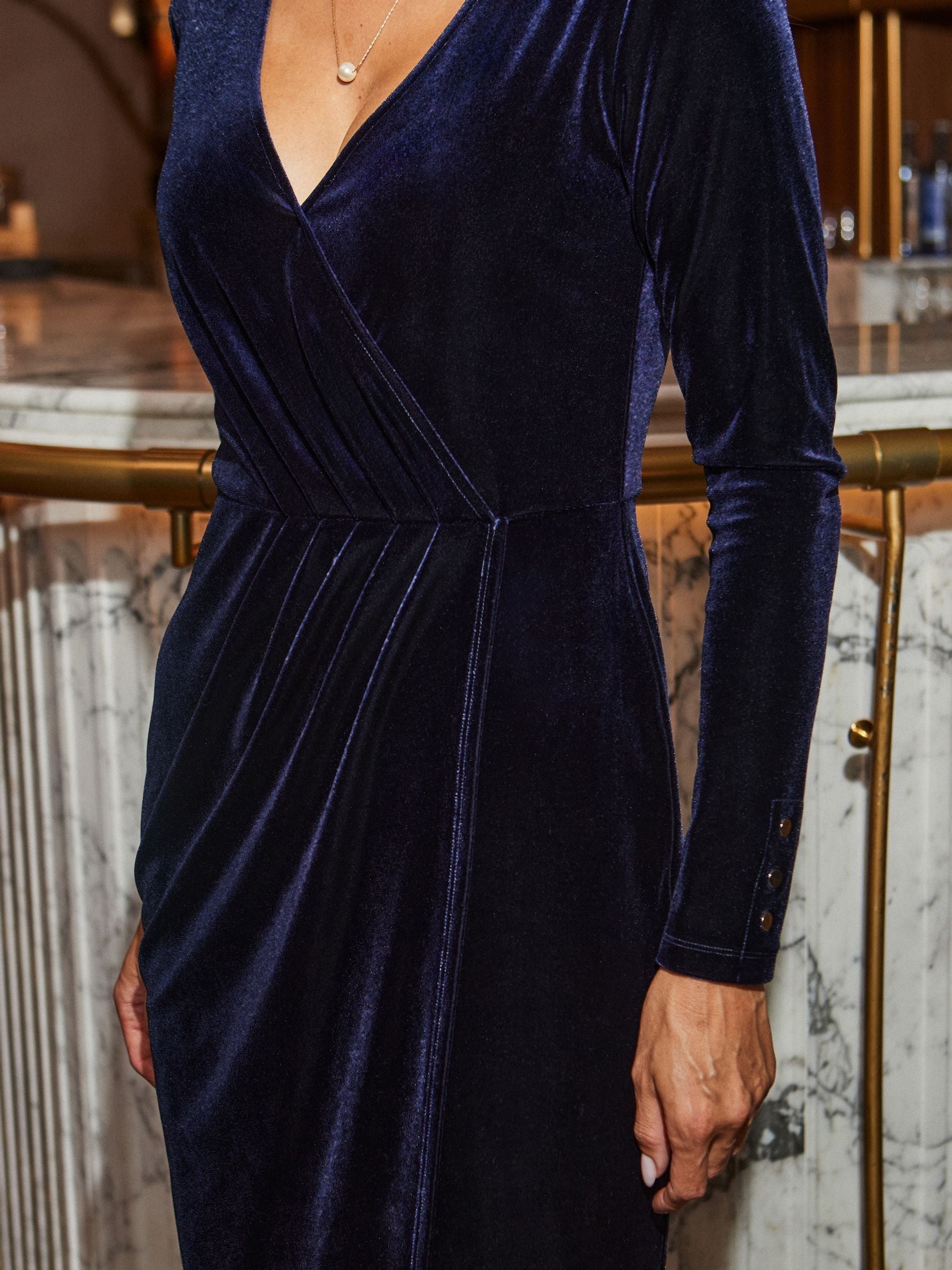 Sosandar Velvet Gold Button Detail Faux Wrap Dress