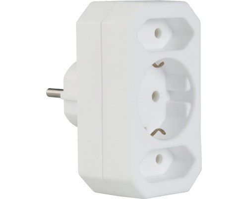 Drievoudige veiligheids-euroadapter (2x euro-stopcontacten en 1x veiligheidsstopcontact), wit
