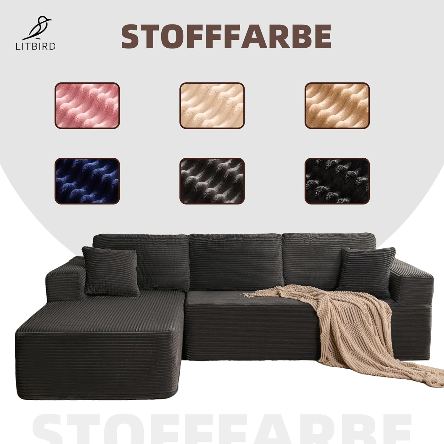 Modulares L-förmiges Ecksofa mit Schlaffunktion – rahmenloses Schlafsofa mit Chaiselongue Links, extra tiefer Sitzfläche, montagefrei, für Wohnzimmer,Grau