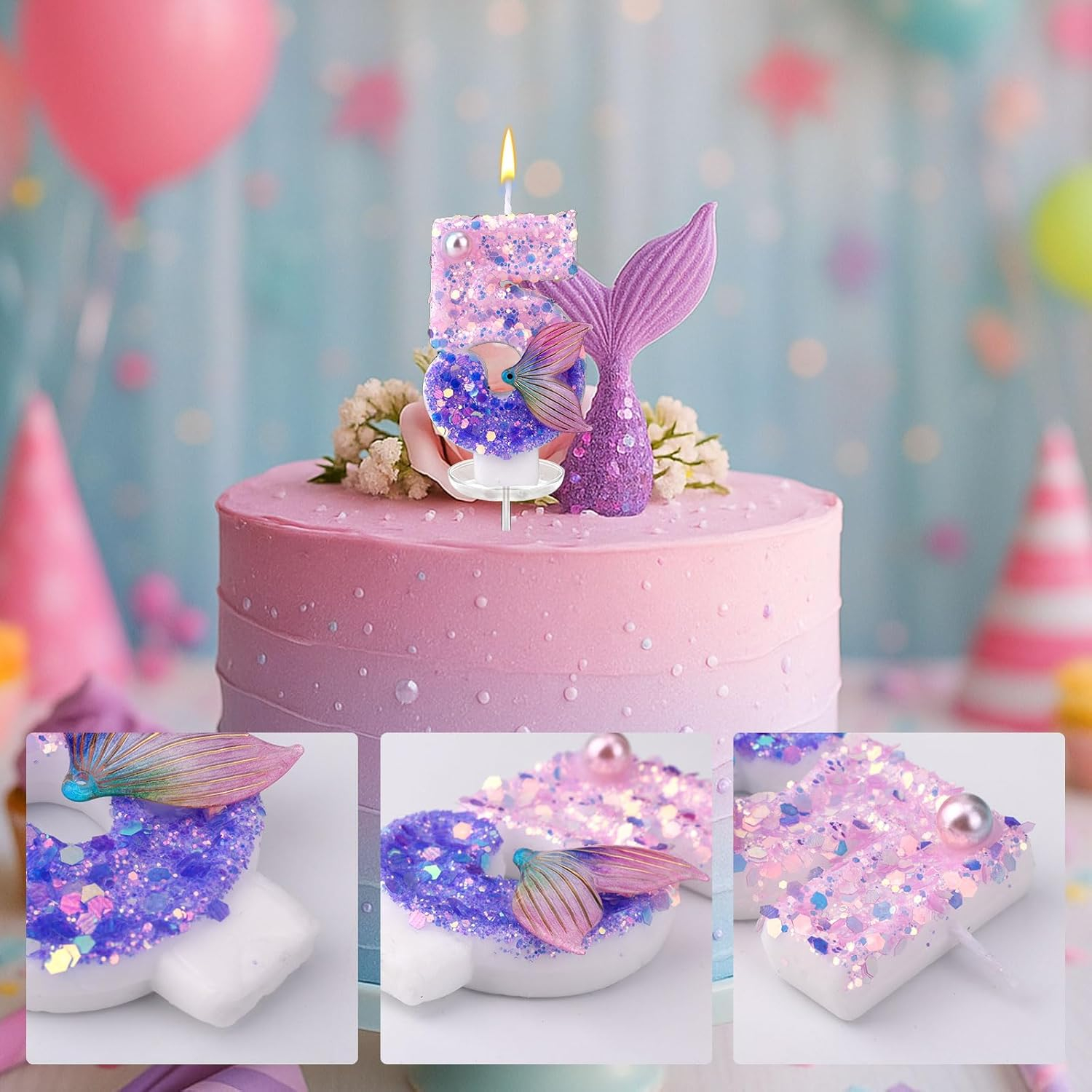 Zahlen Geburtstags Kerze Meerjungfrau Kuchenstecker Happy Birthday Deko für Torten / Kuchen - Zahl 5 / Lila