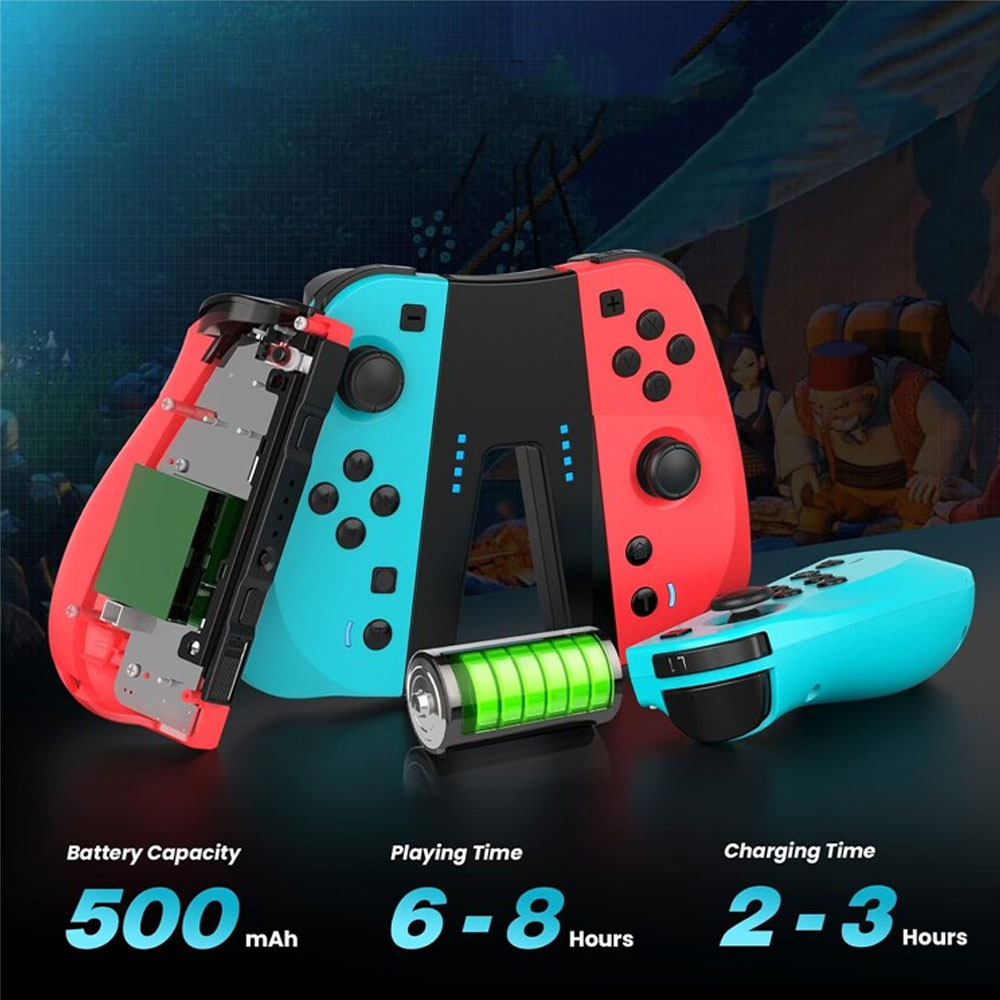 (2er Set) Gamepad Controller mit Turbofunktion und Halterung   Handschlaufe kompatibel mit Nintendo Switch / OLED - Rot / Blau