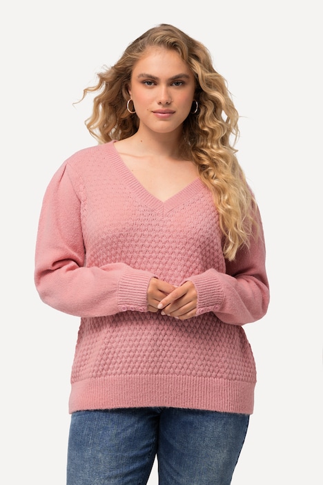 Pullover, Zierfalten, Zierknöpfe, V-Ausschnitt, Langarm