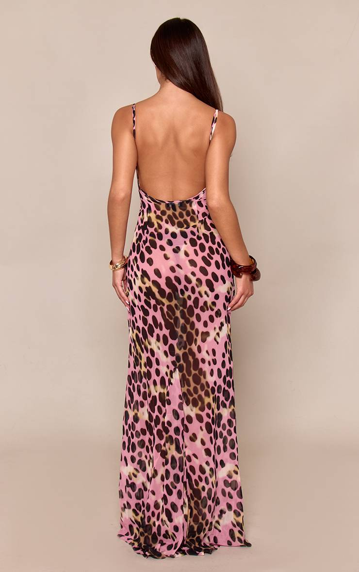 Rose Robe Longue Nuisette À Col Bénitier En Mousseline Imprimée Abstraite