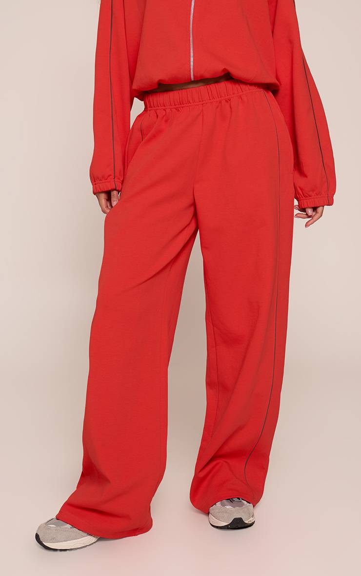 Rouge Jogging Interlock À Jambes Larges Avec Passepoil Contrasté