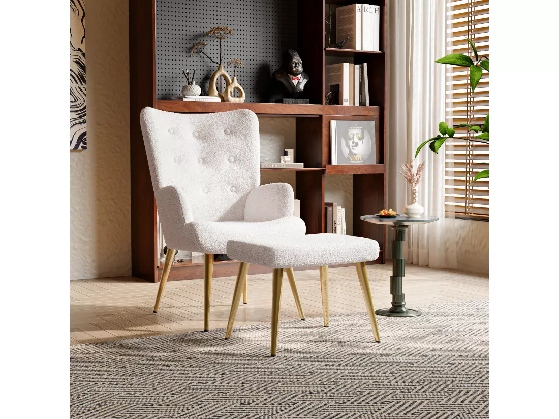 Ensemble 2 pièces, ensemble de chaises sherpa avec tabouret, design élégant, blanc