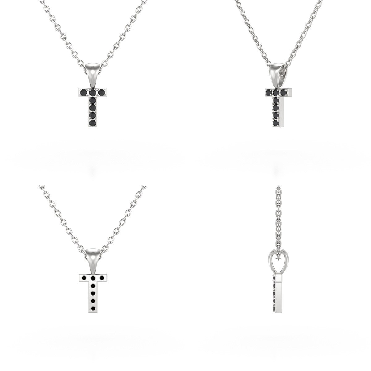 Collier Pendentif ADEN Lettre T Diamant Noir Chaine Argent 925 incluse 0.72grs