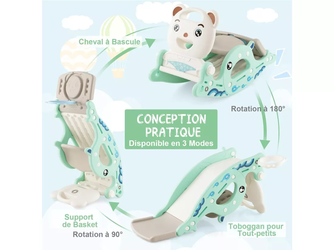 4 en 1 Toboggan Enfants avec 3 Modes & Motif d'ours, Cheval à Bascule Intérieur Extérieur avec Panier de Basketball & Ballon, Charge 50kg pour Enfants de 1-4 Ans, 93x65x46,5cm (Vert)