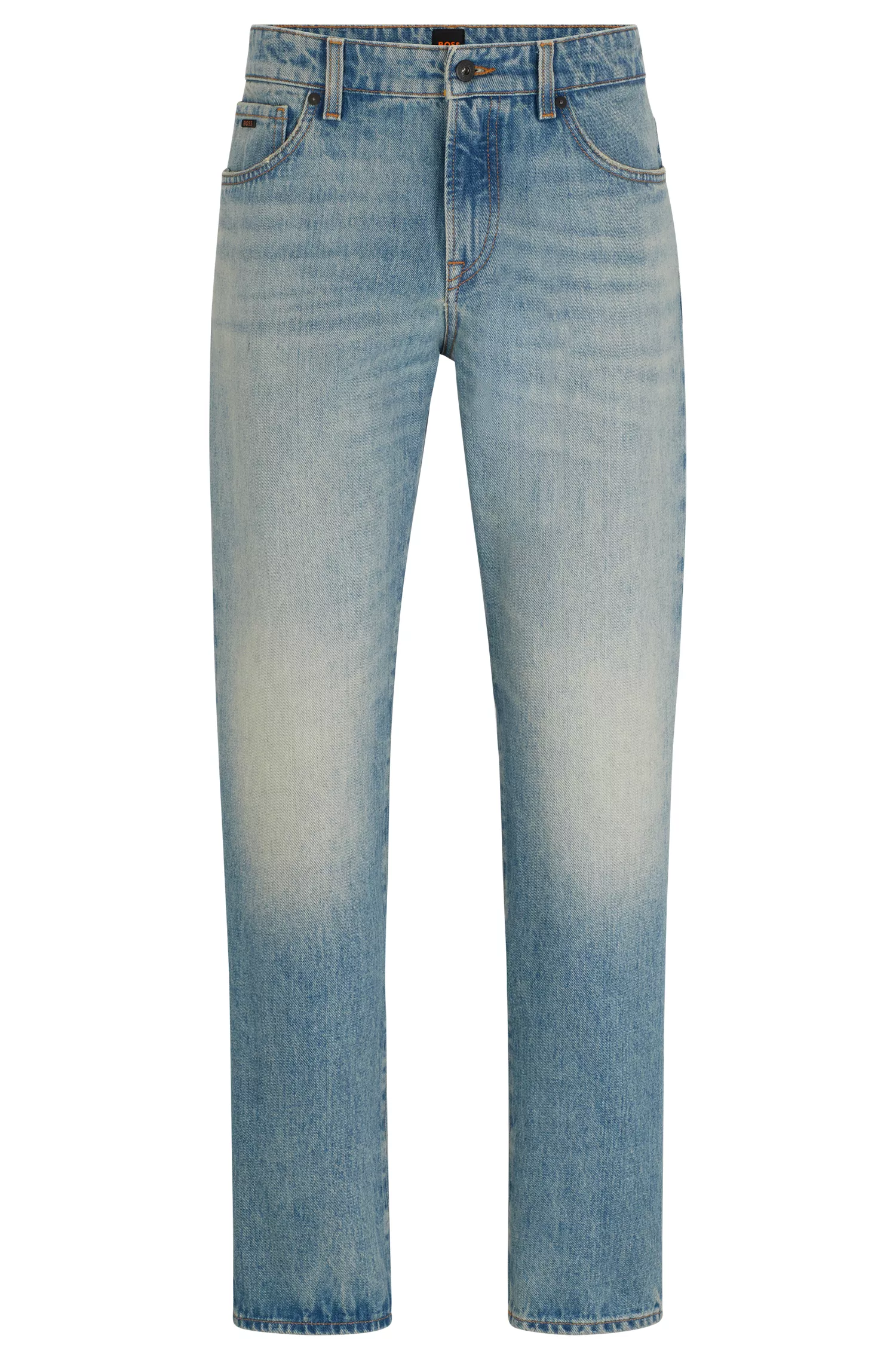 Calça jeans BOSS laranja, corte regular, em denim rígido azul.