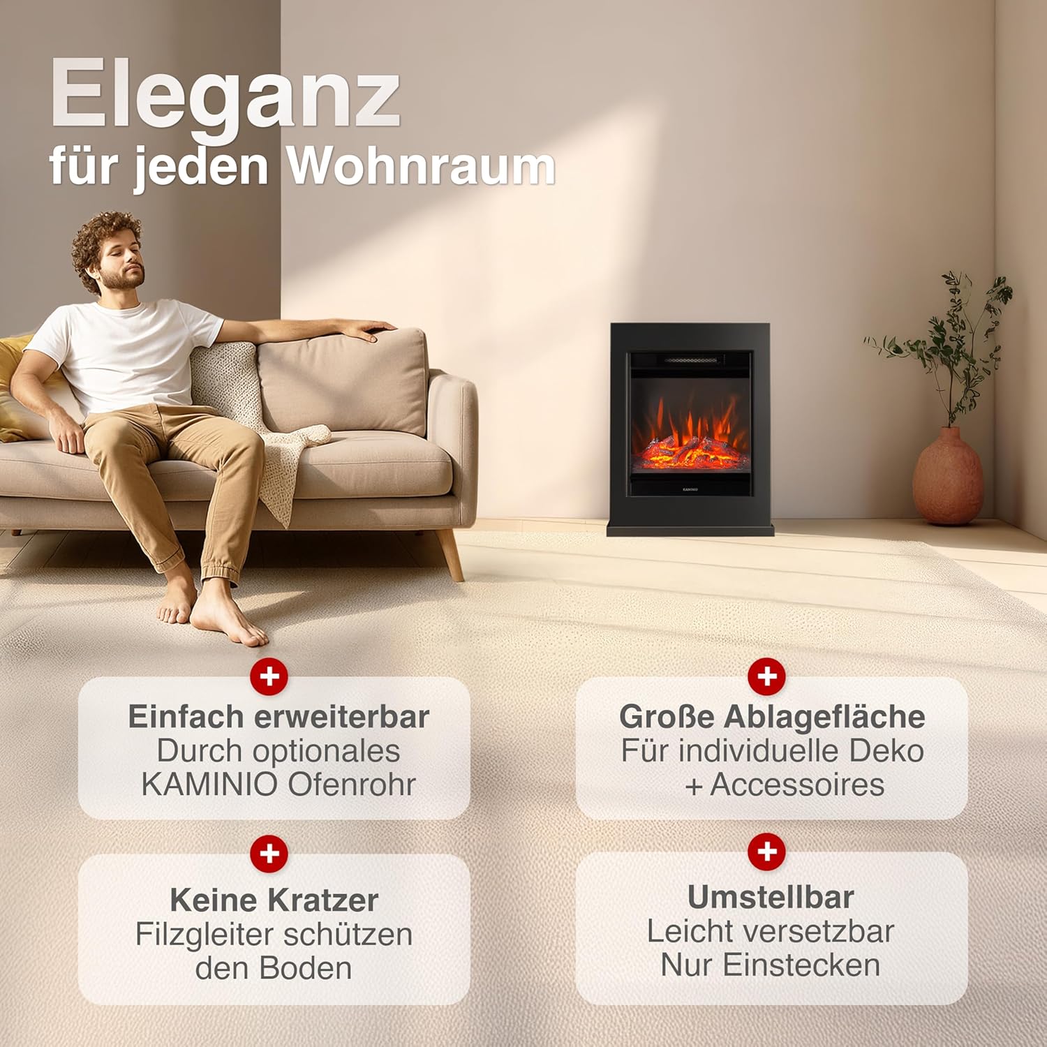 Elektrokamin Kalle - Elektrischer Standkamin mit Heizung, 3D-Flammeneffekt, Fernbedienung (Schwarz)