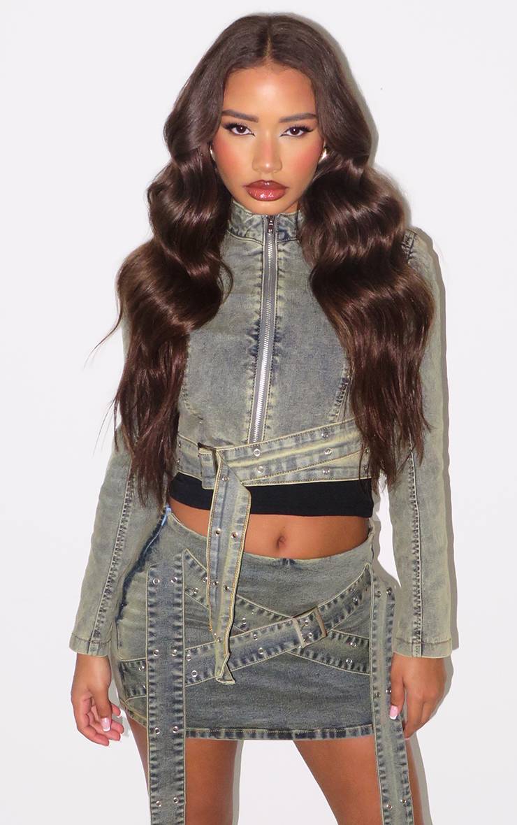 Délavage Vintage Veste En Denim Petite Avec Détail Ceinture
