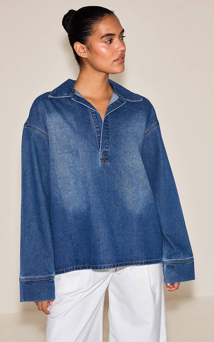 Mid Blue Wash Chemise De Rugby Oversize En Denim À Manches Longues