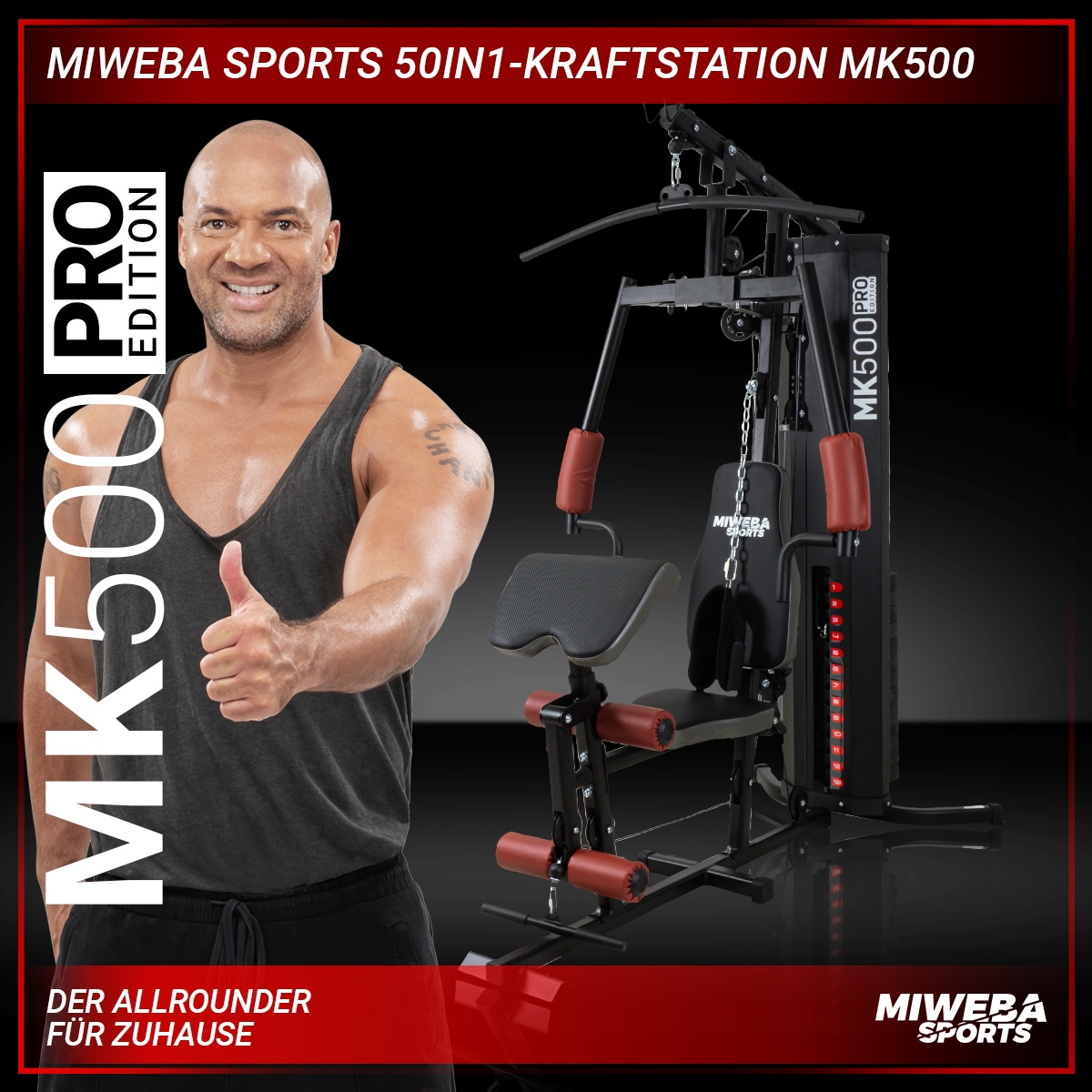 Miweba Sports 50in1-Kraftstation MK500 Pro, Fitnessstation mit ca. 60 kg Seilzug, Butterfly, Zugturm
