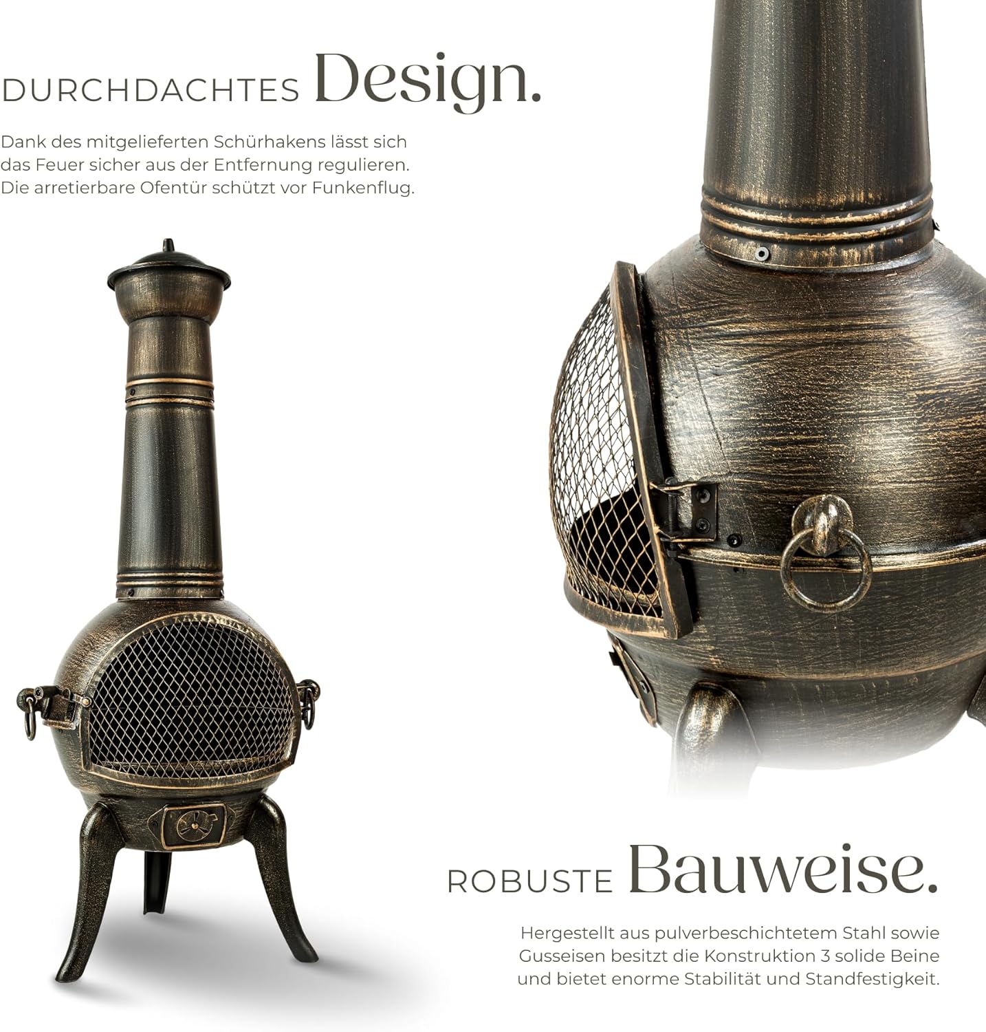 tectake® Vintage Outdoor Terrassenofen, Gartenofen aus Gusseisen, Raketenofen, Aztekenofen mit Funkenschutz, Grill Rost und Schürhaken, Gartendeko Kamin, Deko für Terrassen oder Balkon, Kaminofen